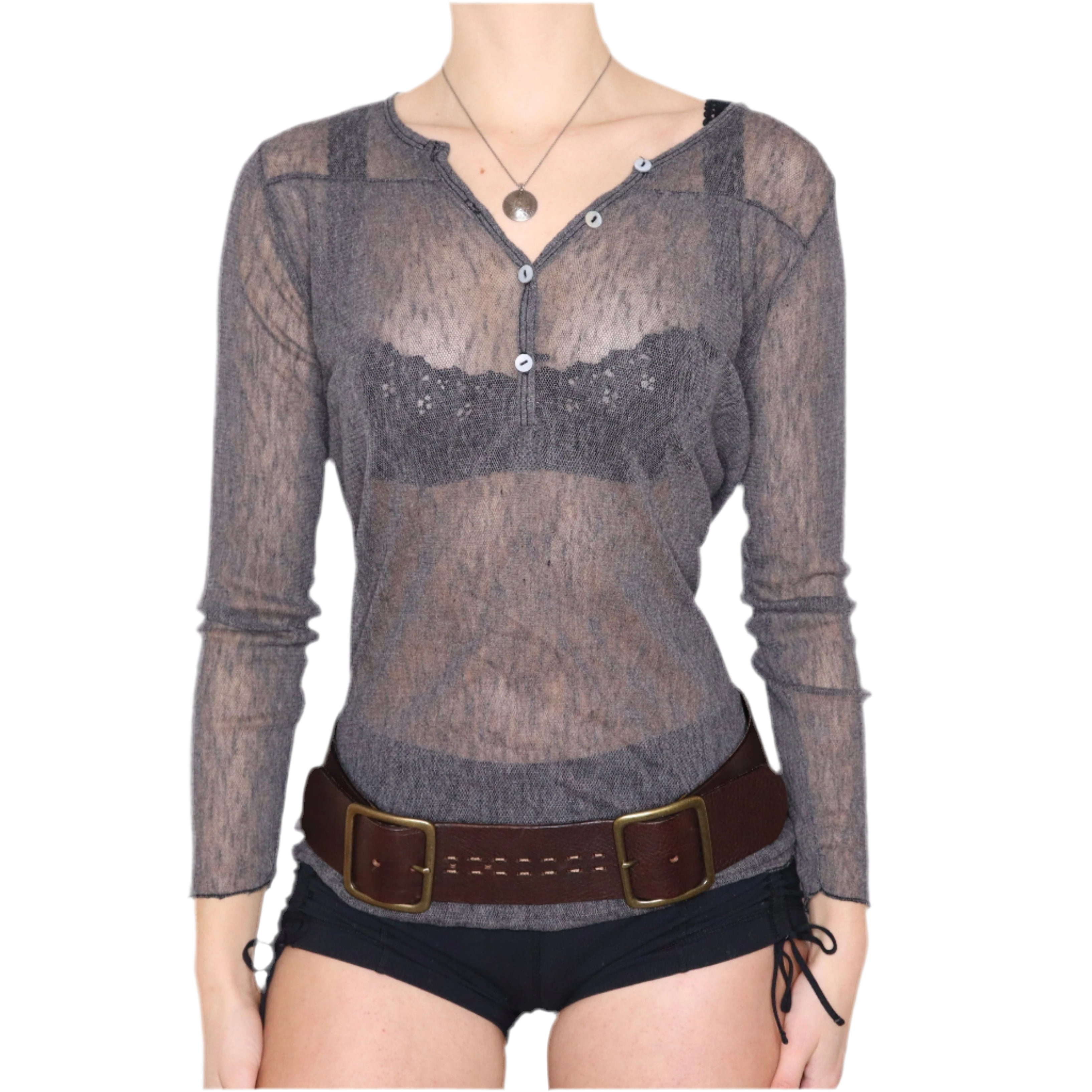 Y2K Italian Sheer Gray Henley Top (M)