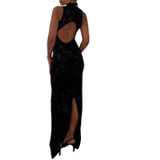 Italian vintage black floral print slinky maxi dress with high neck, open back & back slit