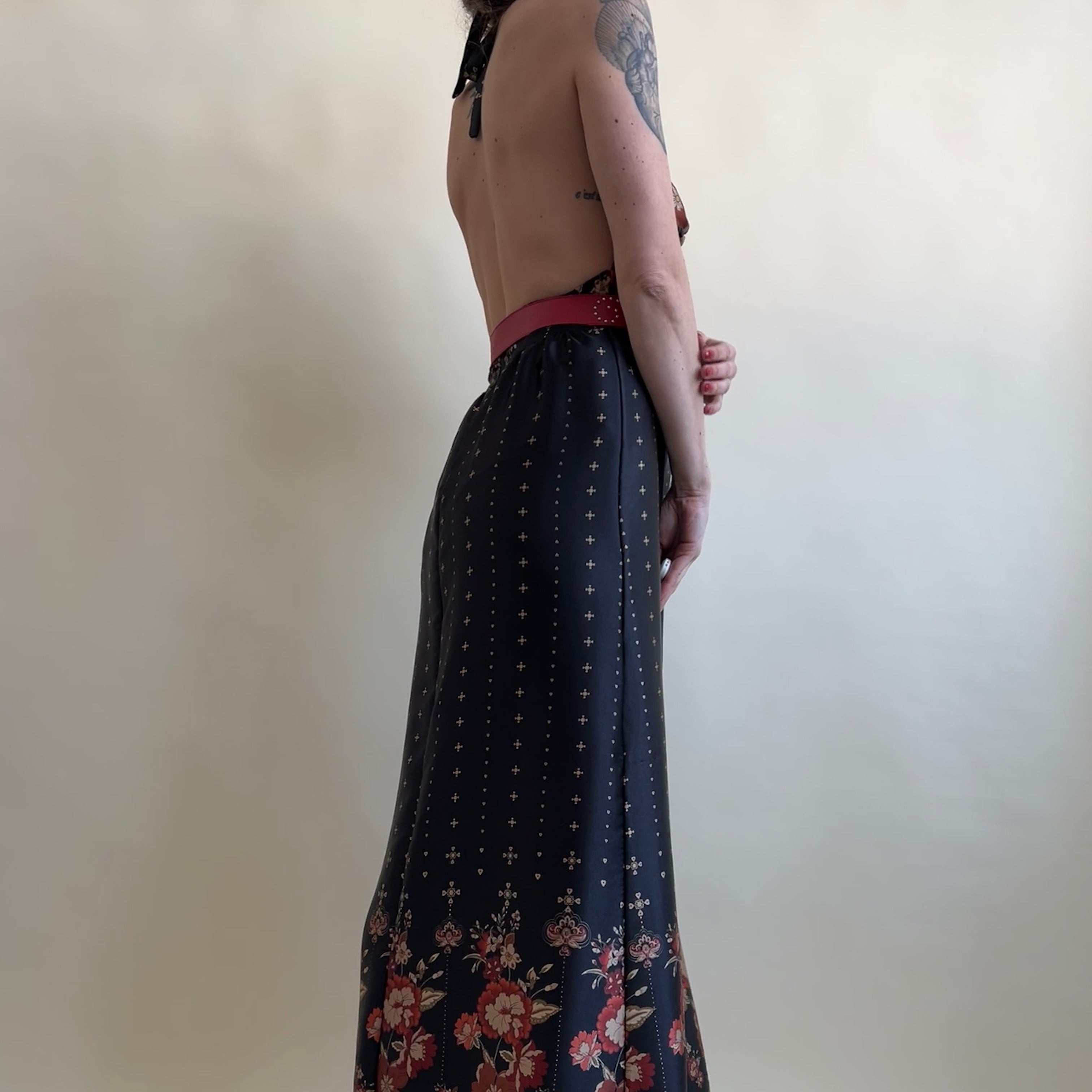 Vintage satin floral halter maxi dress (L)