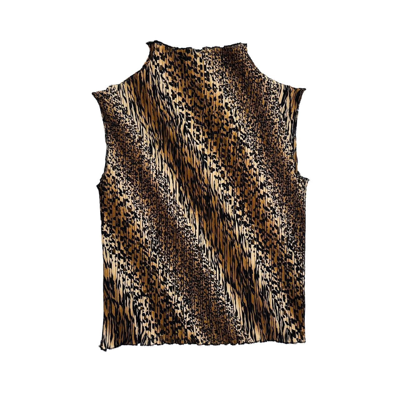 Y2K Pleated Chiffon Leopard Mock Neck (L)