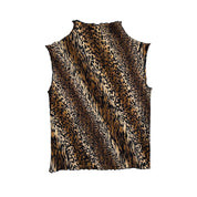 Y2K Pleated Chiffon Leopard Mock Neck (L)