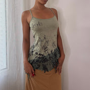 French vintage 2000s sage green graphic camisole top with floral print & asymmetric hem