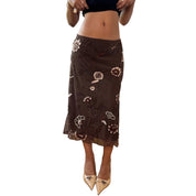 Vintage Ibiza Brown Beaded Floral Mesh Midi Skirt (S/M)