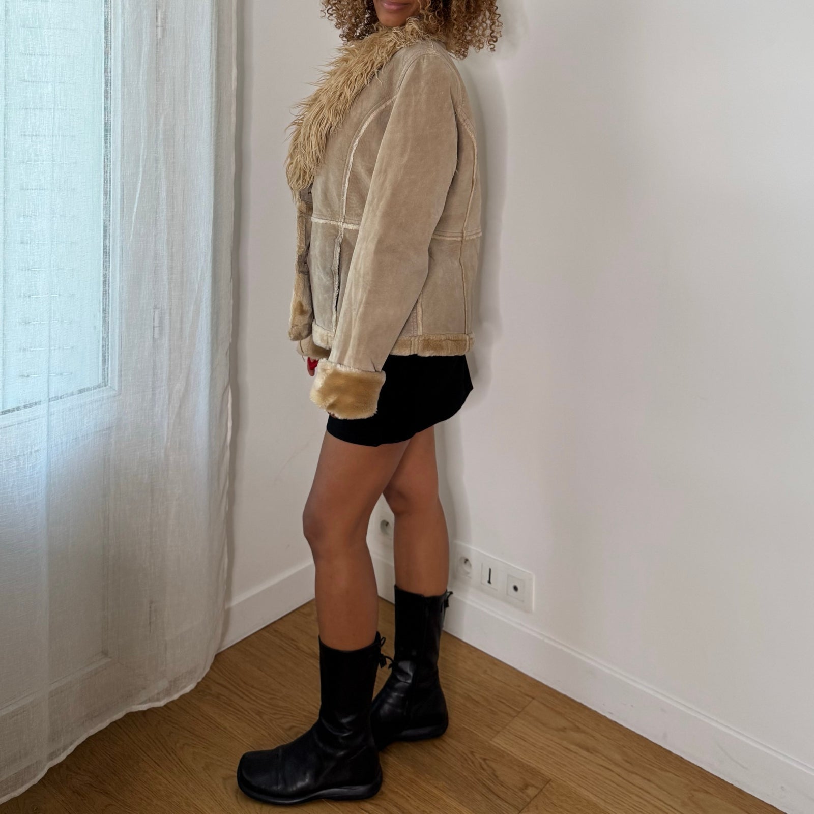 French vintage beige genuine suede leather jacket with shaggy faux fur collar