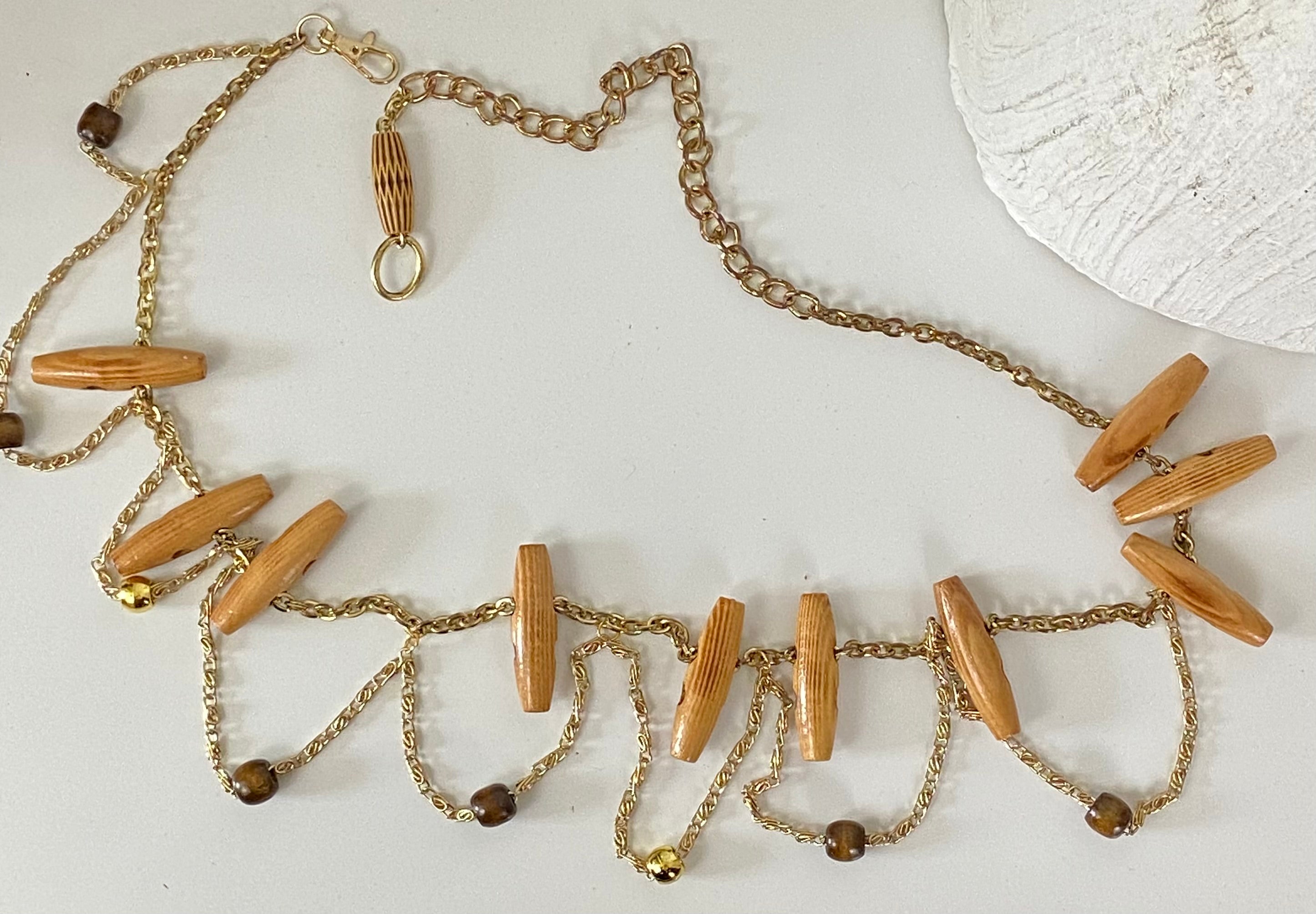 Wood beads & gold chain belt
