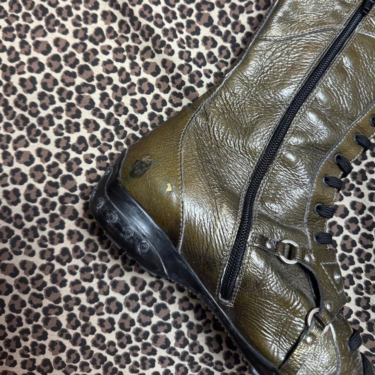 Italian Vintage Olive Patent Leather Lace Up Boxing Boots (7)