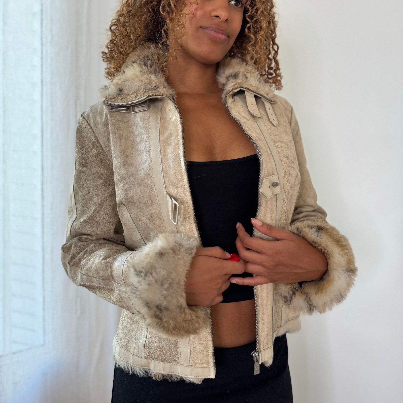 Vintage Mango Beige Taupe Genuine Pigskin Leather Faux Fur Leopard Lined Zip Up Jacket