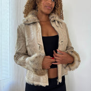 Vintage Mango Beige Taupe Genuine Pigskin Leather Faux Fur Leopard Lined Zip Up Jacket