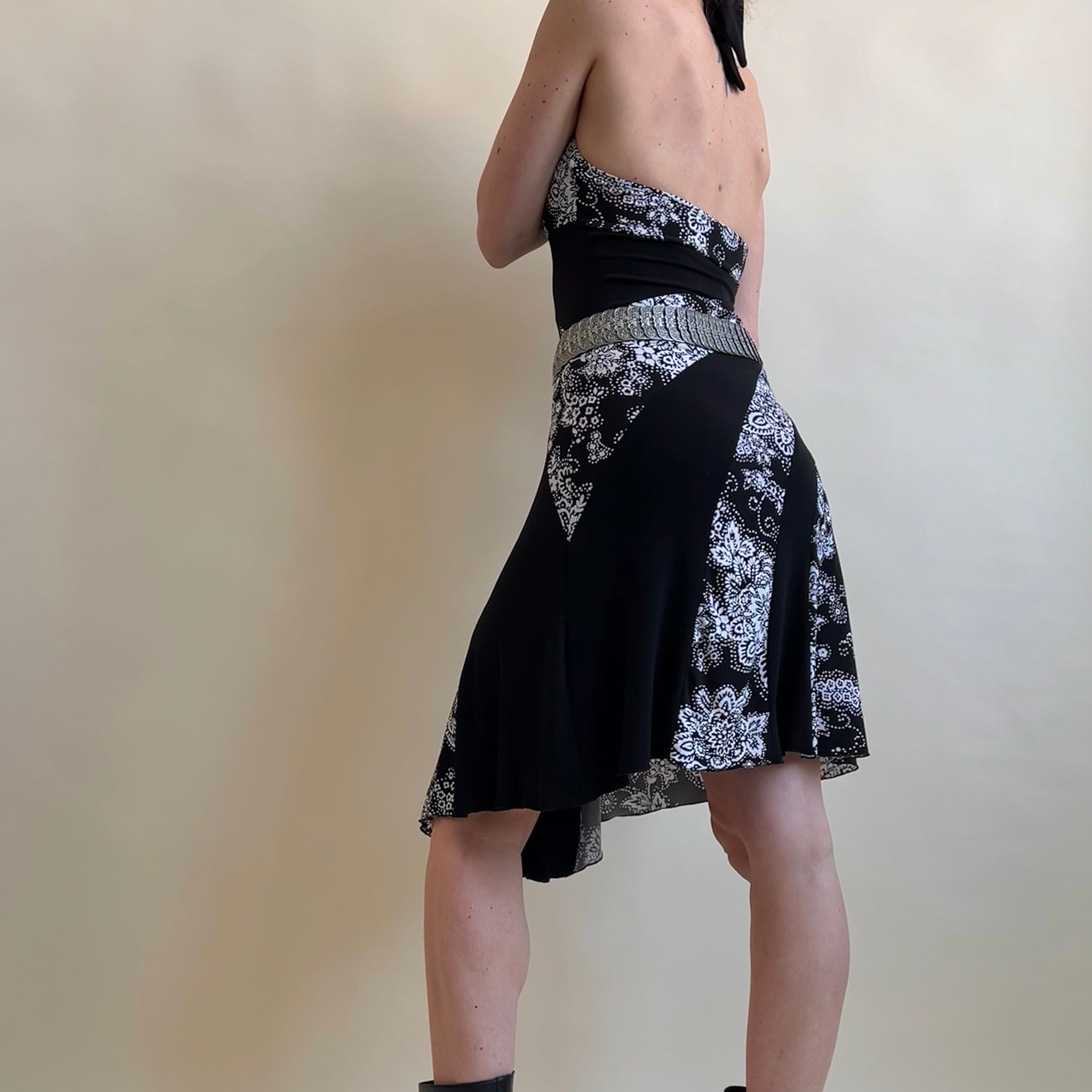 00s b&w print midi halter dress (M)
