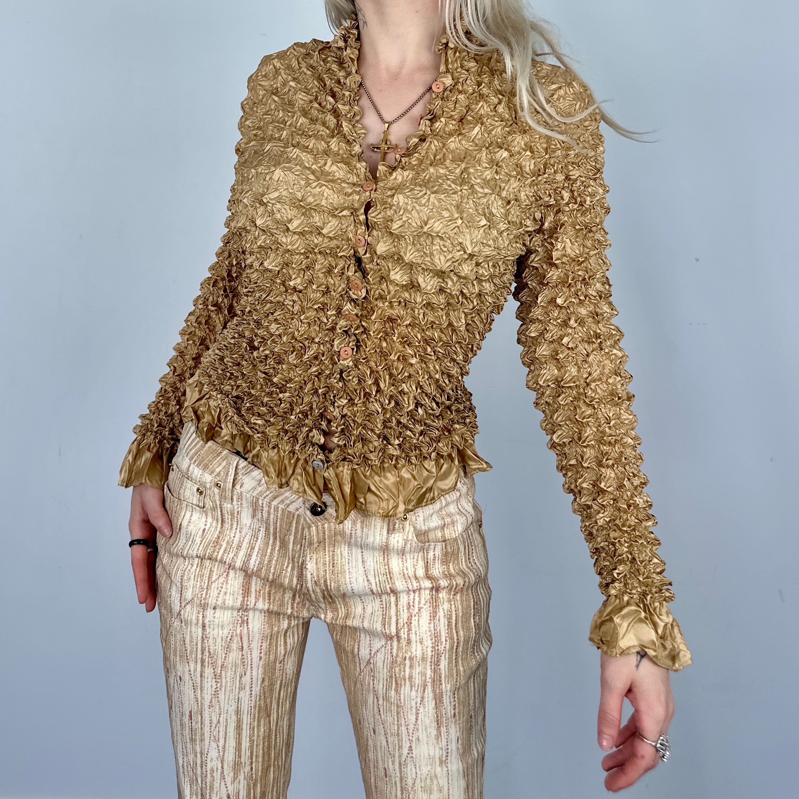 Golden Button Up Popcorn Blouse (One Size)