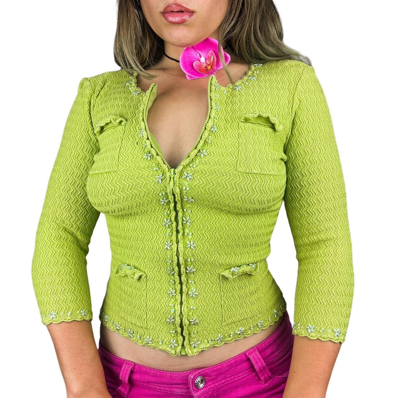 2000s Chartreuse Silk Knit Zip Up (S)