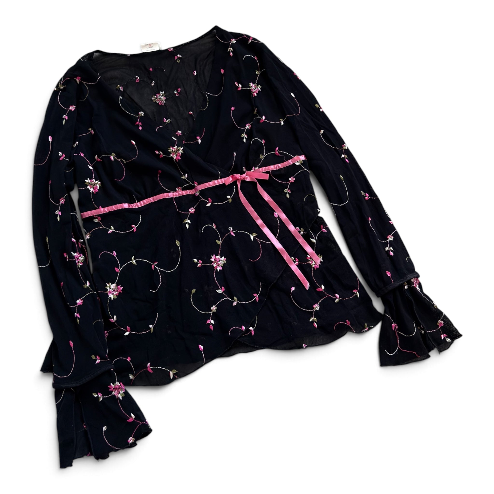 Vtg embroidered micromesh wrap blouse (XL)