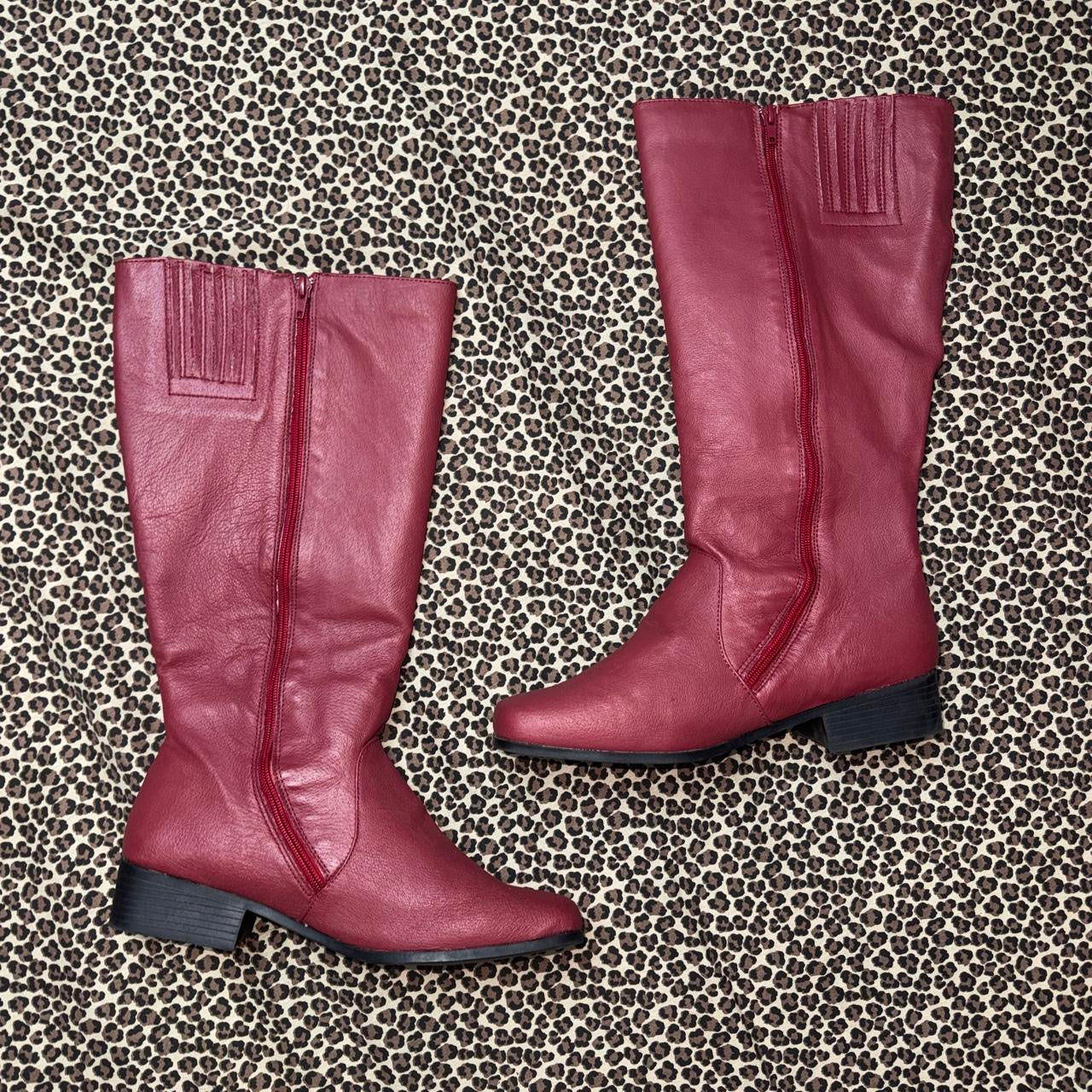 Burgundy Real Leather Knee High Block Heel Boots (10.5)