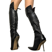 Vintage Real Leather Over the Knee Stiletto Lace up Back Black Boots (UK 5)