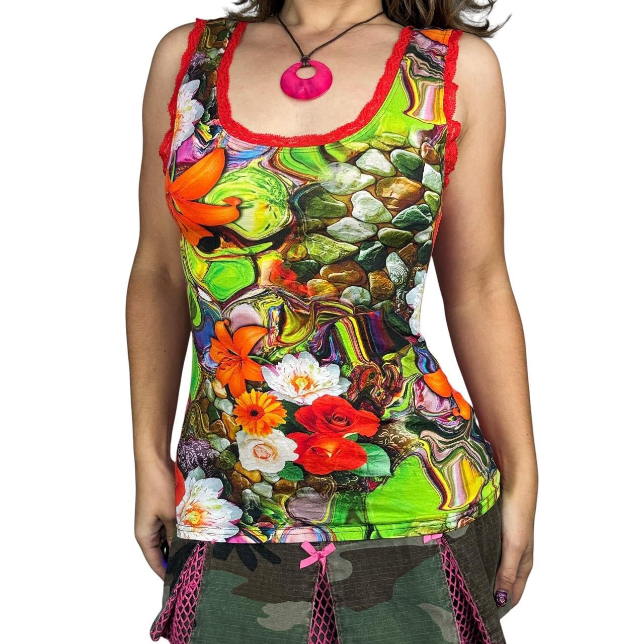 Euro Vintage Surrealist Print Lace Trim Cami (S)
