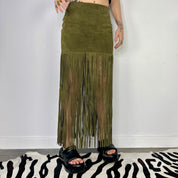 Olive Genuine Suede Fringe Maxi Skirt (S)