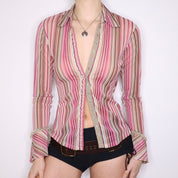 Y2K Pink Pinstripe Mesh Blouse (M)