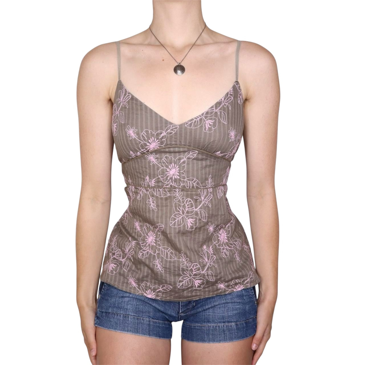 Y2K Embroidered Pink Flower Camisole (S/M)