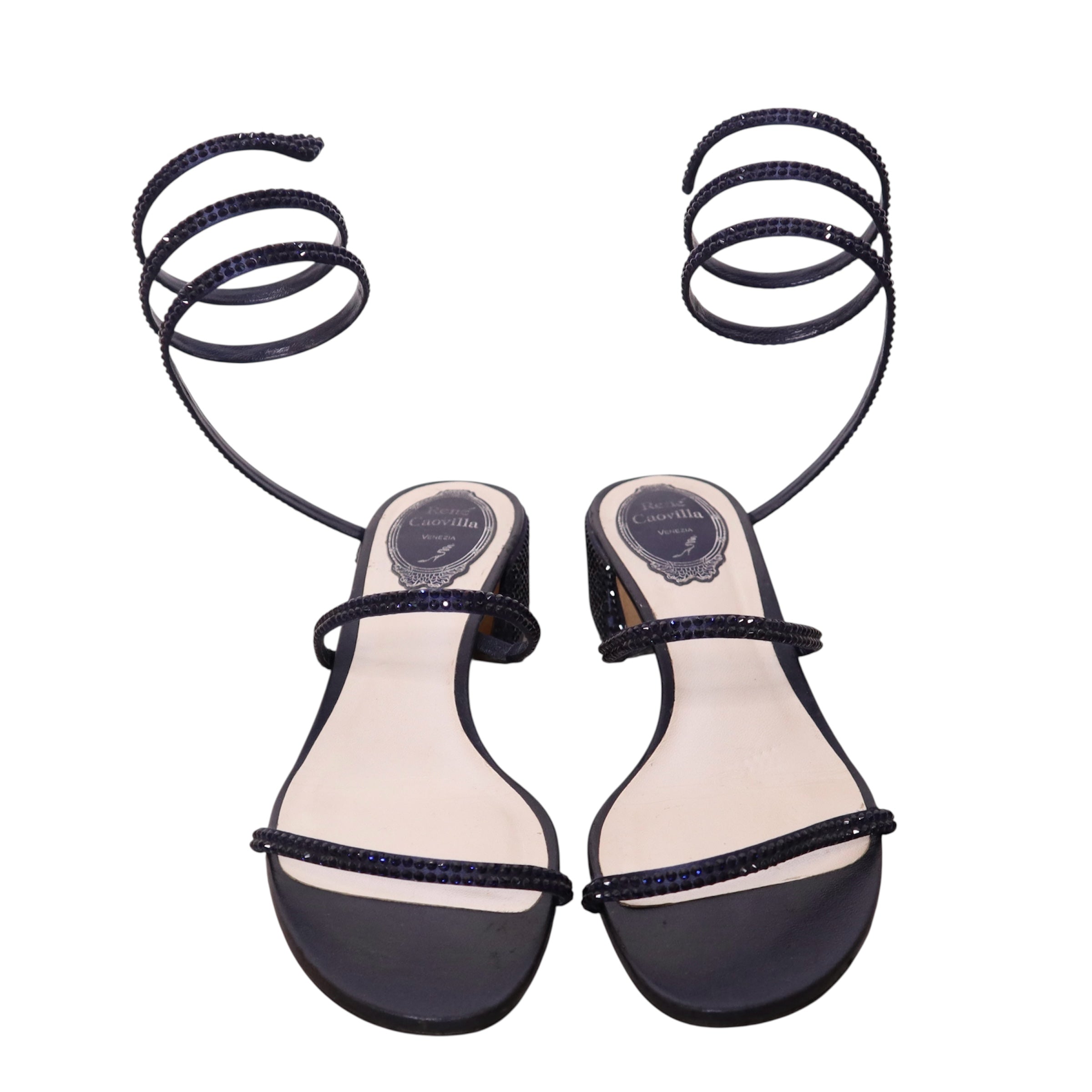 Y2K RENÉ CAOVILLA Navy Bejeweled Spiral Strappy Heels (7)