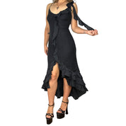 Vintage Black Lace Silk Ruffle Detail Midi Dress (M/L)