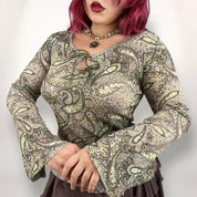 90s Paisley Mesh Bell Sleeve Top (M-L)