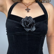 90s Romantic Gothic Black Stretch Velvet Halter Corset Top (M)