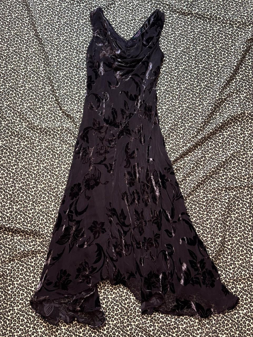 Dark Brown Burnout Velvet Silk Blend Midi Dress (S/M)