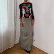 Misia Paris French vintage Y2K black illustrated graphic top with French poetry print & sheer doodle mesh sleeves