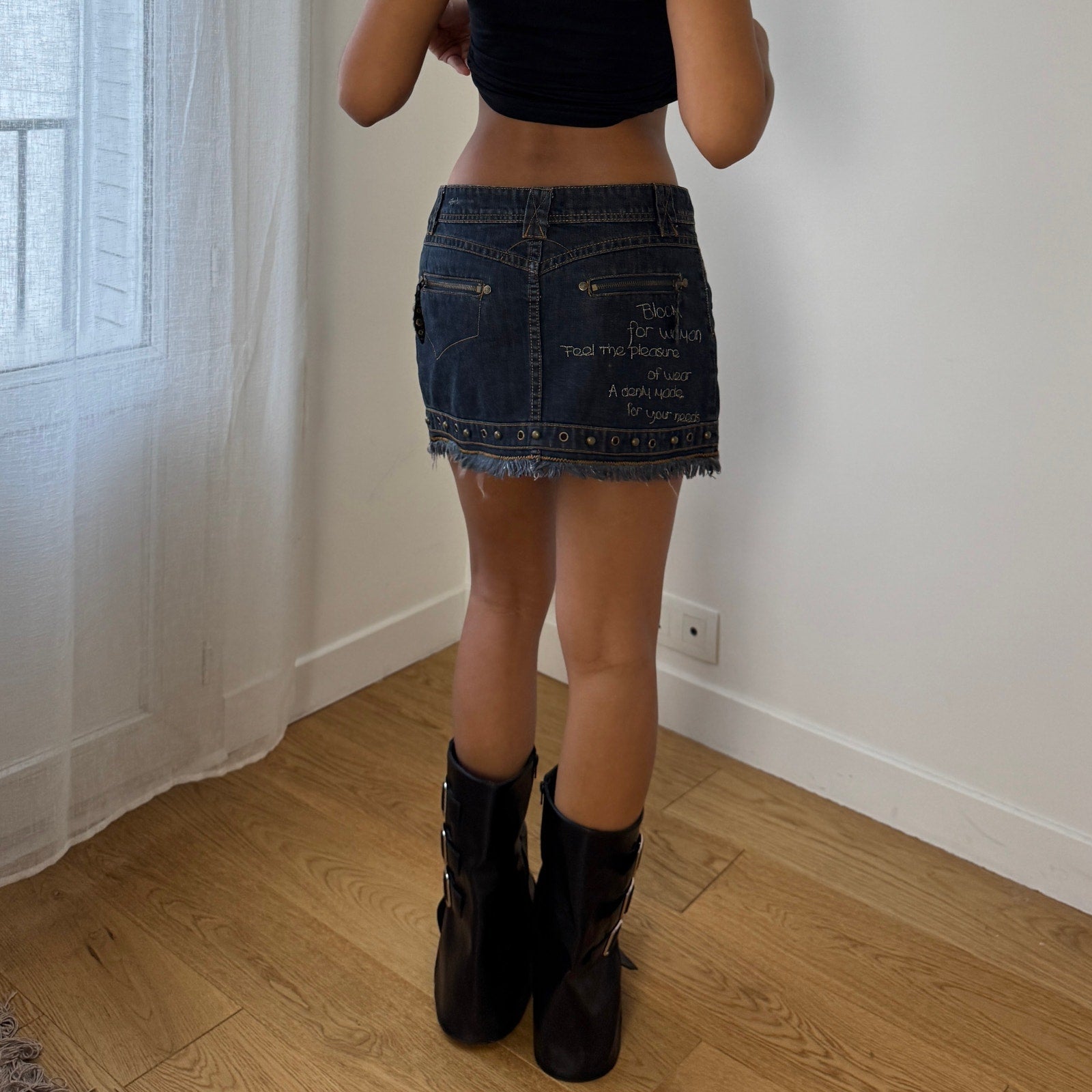 Vintage Italian Asymmetrical Studded Denim Mini Skirt (S)