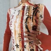 Sonia Fortuna Italian vintage rust orange graphic print mesh top with sequins