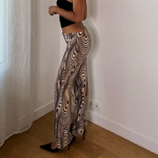 Italian Vintage Beige Brown Psychedelic Swirl Print 2 Piece Vest & Flared Pants Set