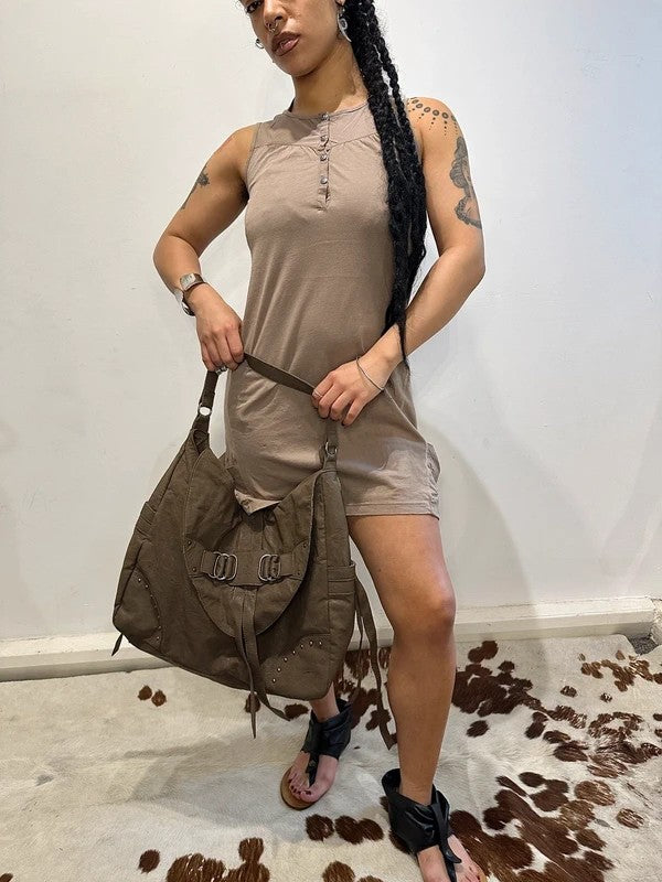 Vintage Brown Sleeveless Button up Mini Dress (S)