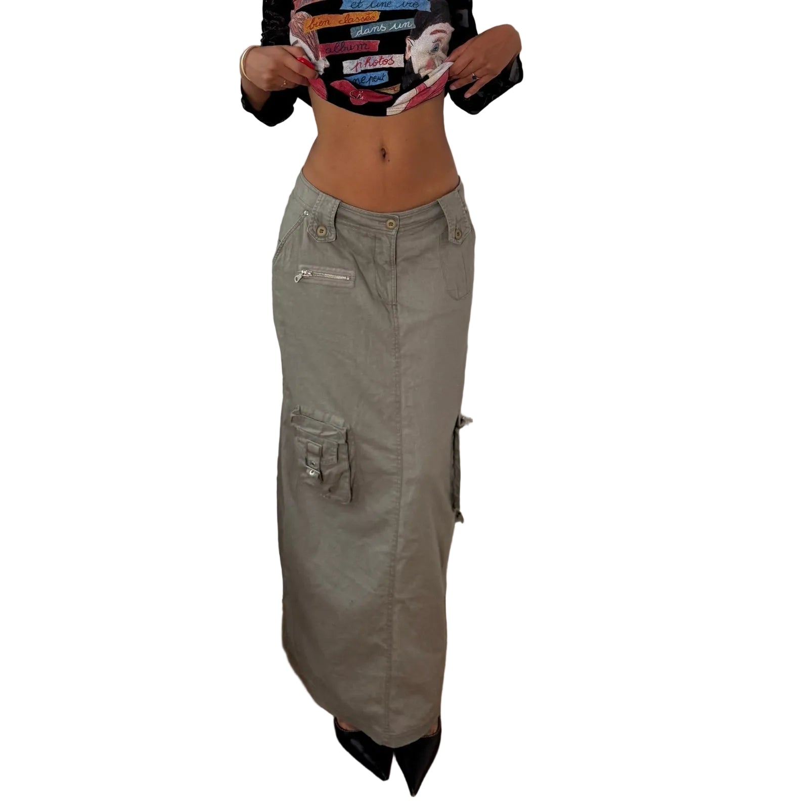 Italian vintage Y2K sage grey linen & cotton cargo maxi skirt with utility pockets & low-rise waist