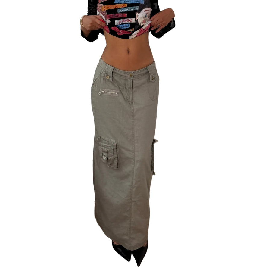 Italian vintage Y2K sage grey linen & cotton cargo maxi skirt with utility pockets & low-rise waist