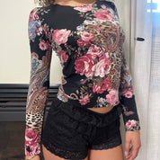 00s black & pink cheetah and floral long sleeve (XS/S)