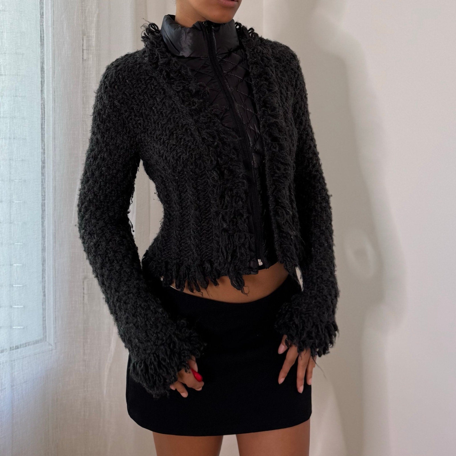Italian vintage charcoal grey textured wool blend zip-up jacket with high collar