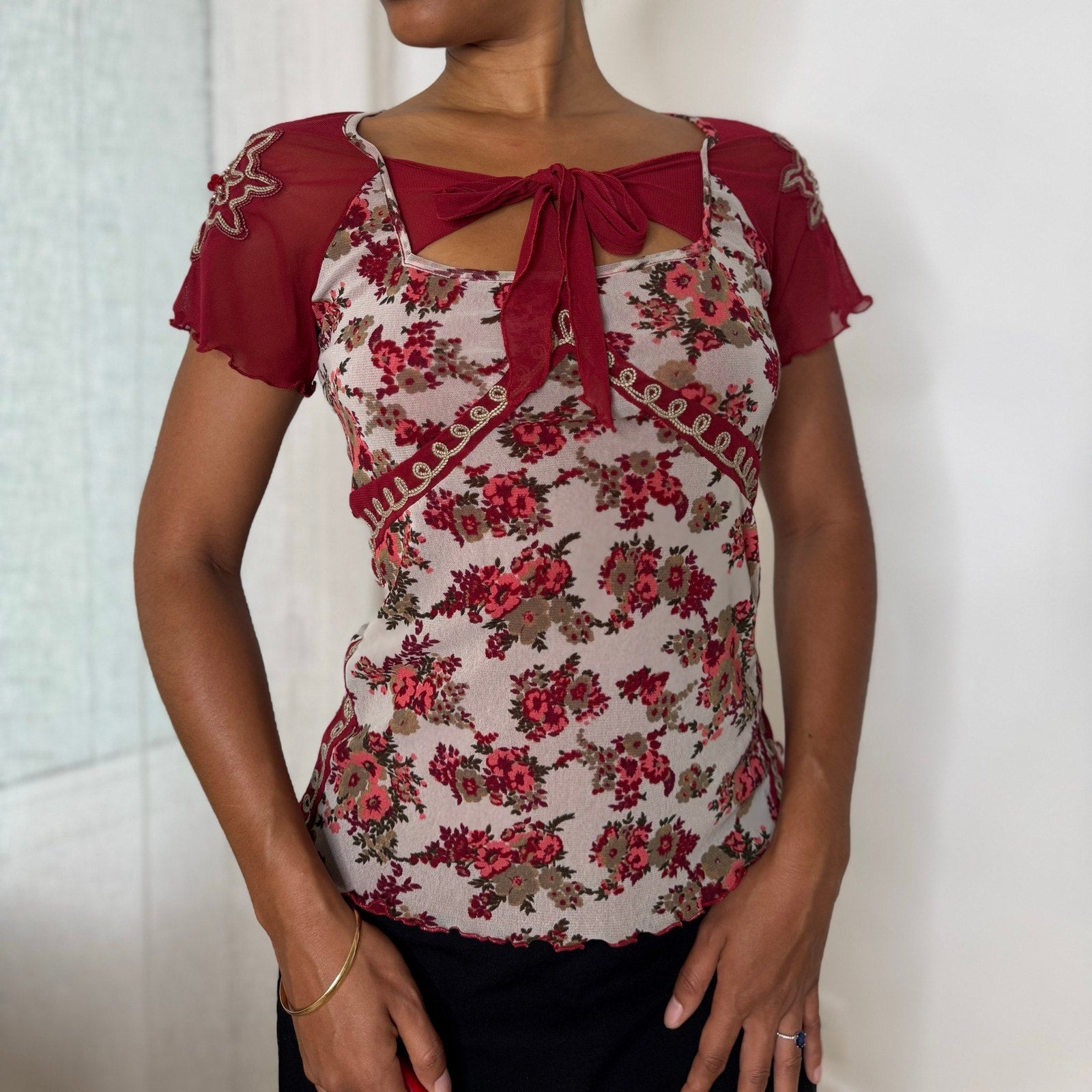 Italian vintage burgundy floral mesh top with beaded sleeves