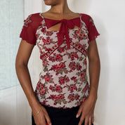 Italian vintage burgundy floral mesh top with beaded sleeves