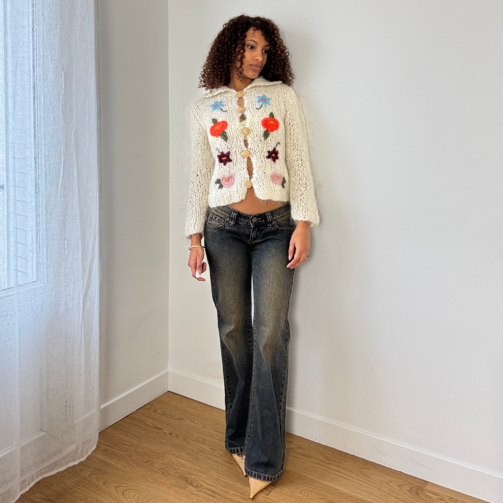 Vintage Italian Mohair Knit Cardigan with Embroidered Florals (S 