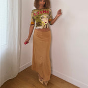 Euro vintage 00s olive green illustrated graphic top with lettering & retro aviator print
