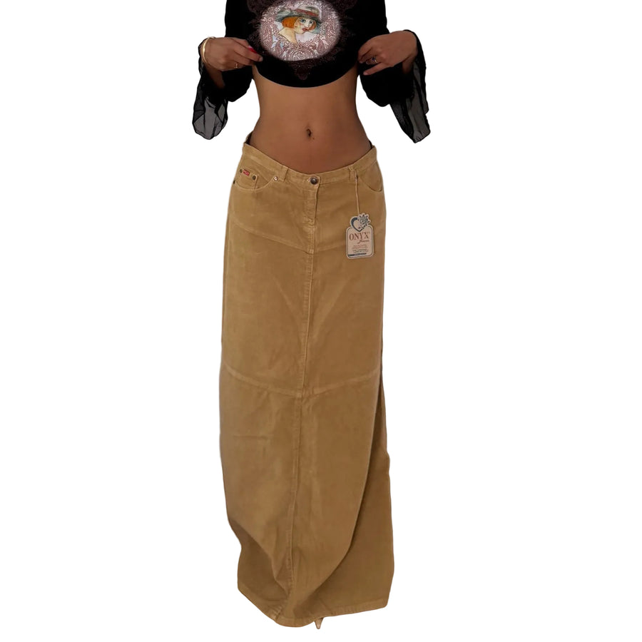 Onyx Italian vintage Y2K deadstock camel beige corduroy maxi skirt with low-rise waist