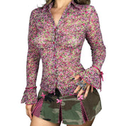 Euro Vintage Ruched Mesh Floral Blouse (S/M)