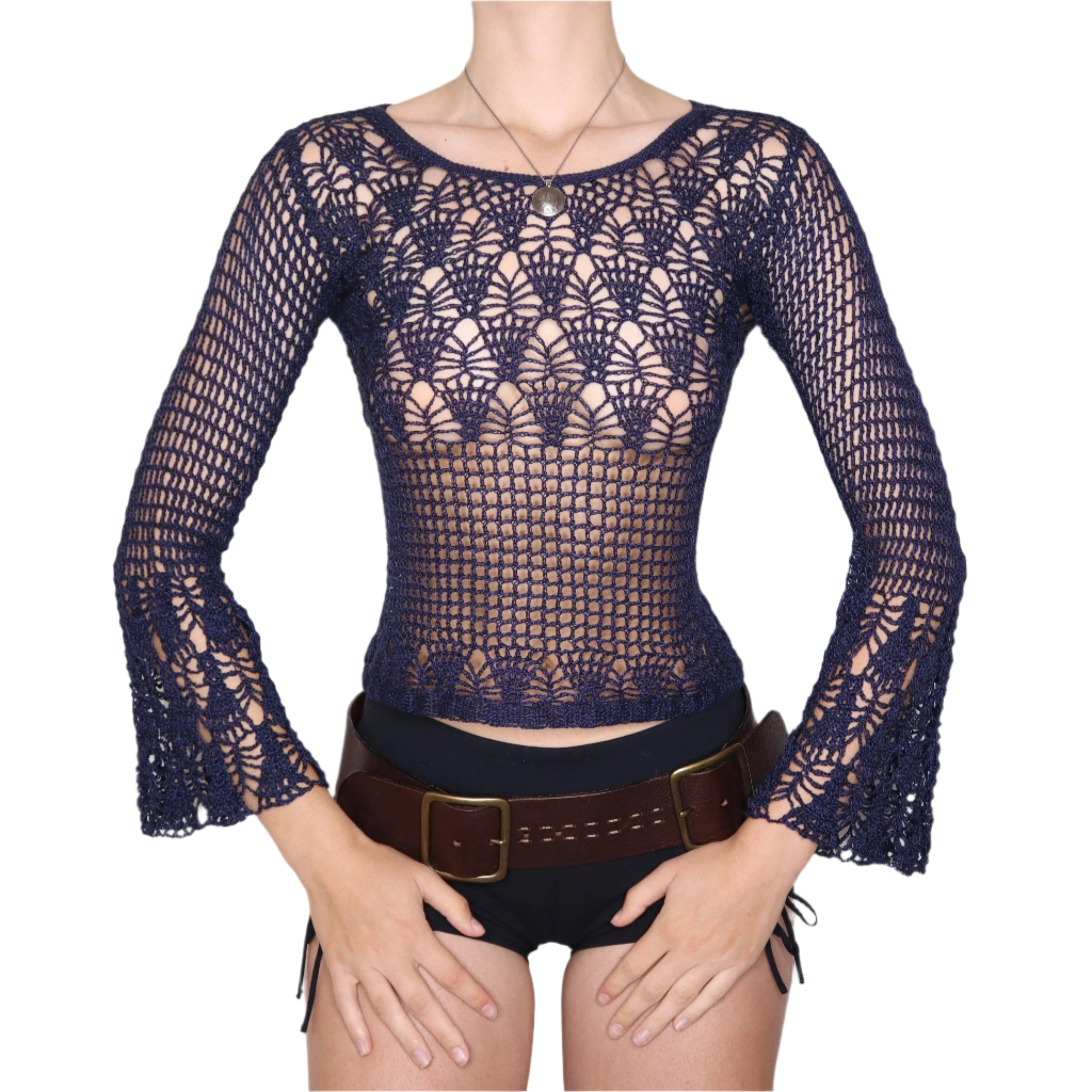 90s Navy Boho Crochet Sweater (S/M)