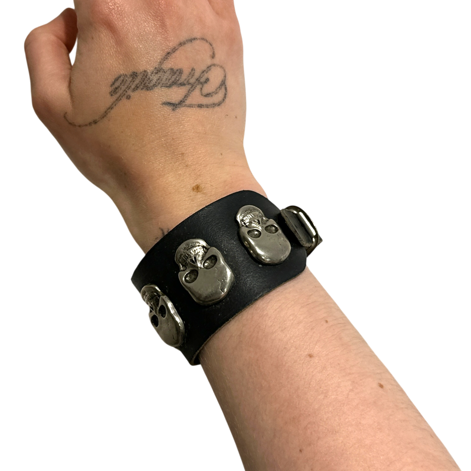 Vintage Chrome Skull Leather Tie Bracelet