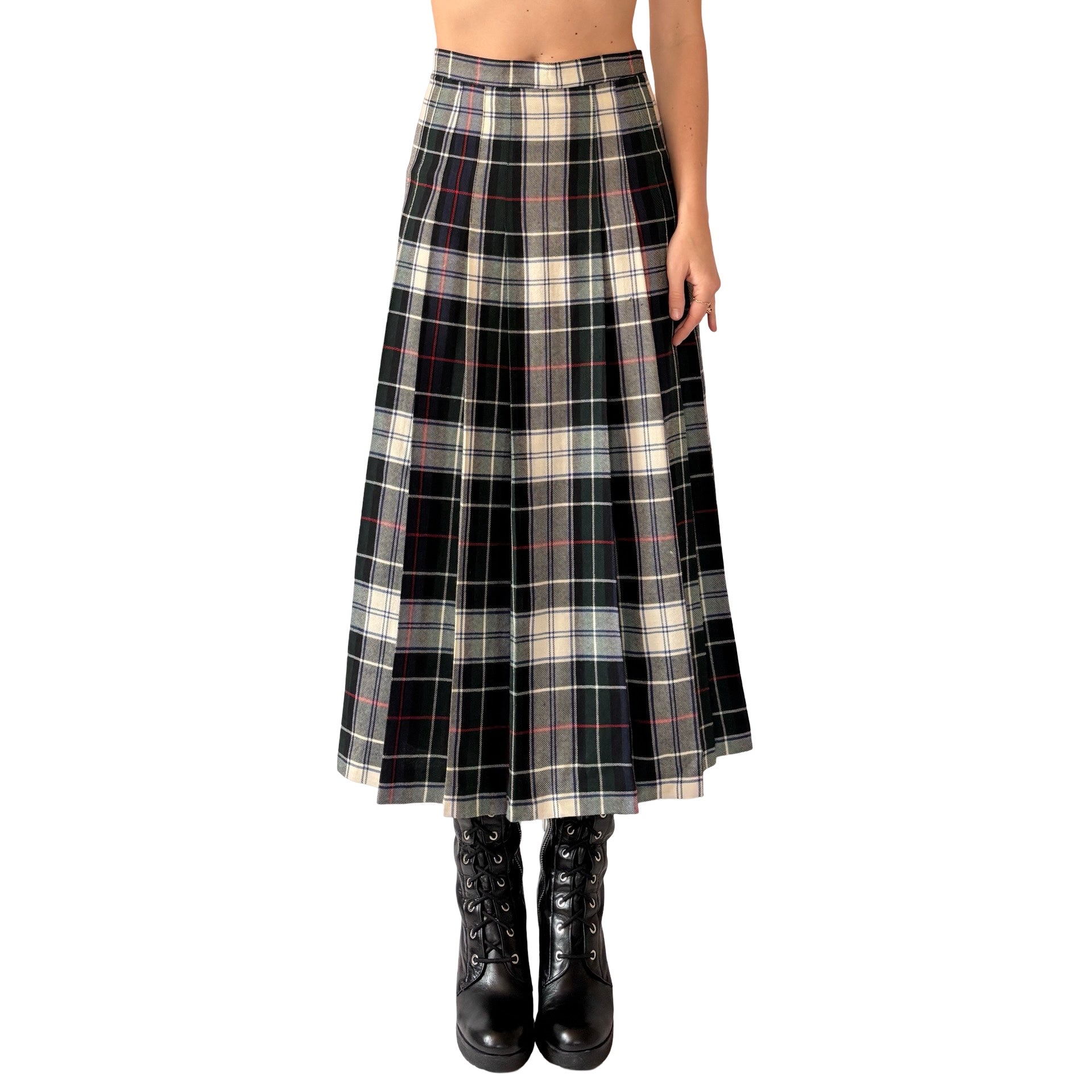 Vintage Wool Plaid Midi Skirt (XS)