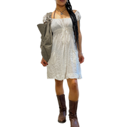 Vintage Cotton Milkmaid Mini Dress with Capped Sleeves and Tie Back Pockets