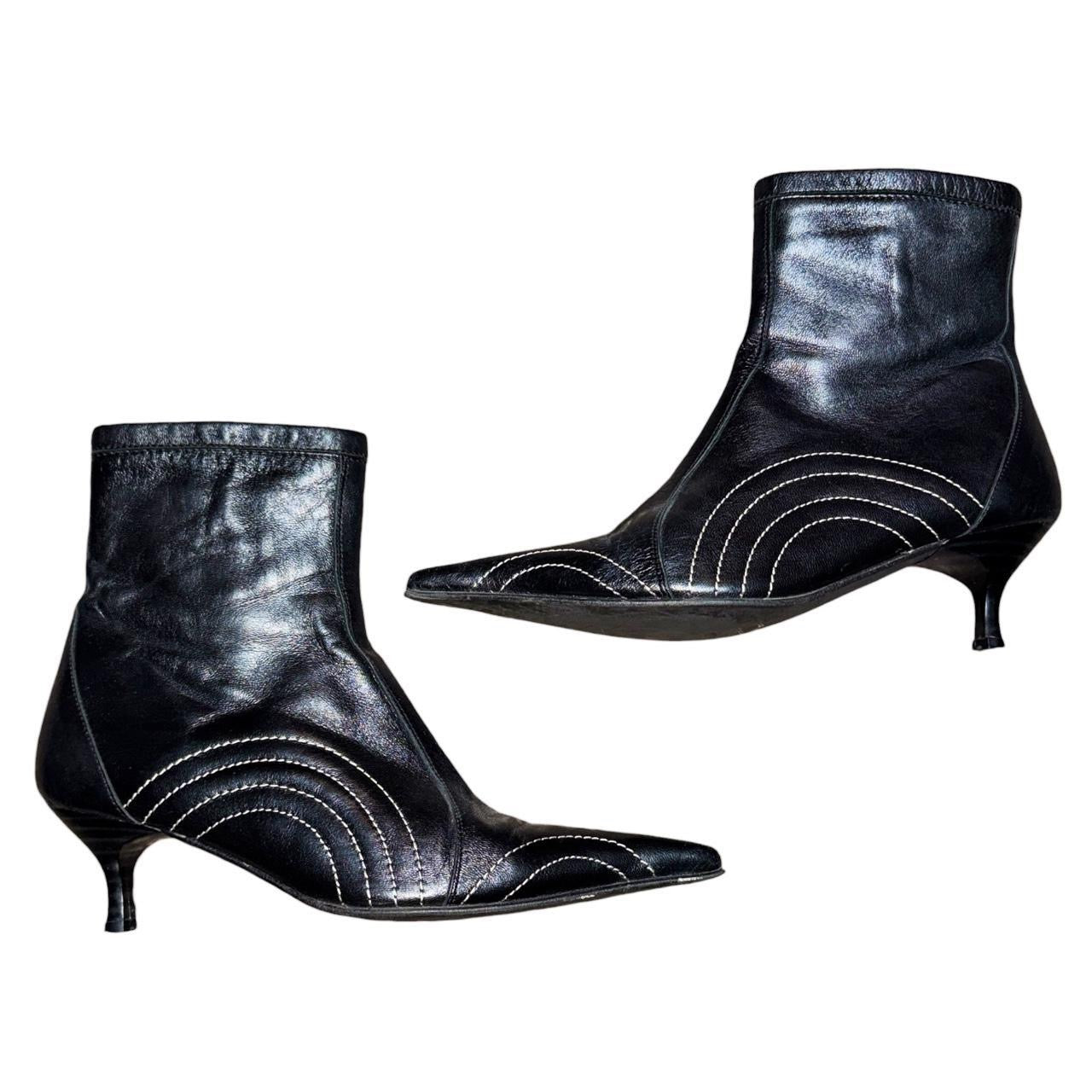 Y2K Stitched Black Leather Pointed Toe Kitten Heel Ankle Boots (7)