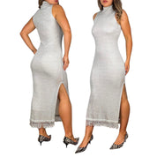 90s Metallic Knit Turtleneck Maxi Dress (S)