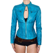 Y2K Sexy Blue Leather Moto Jacket (XS)