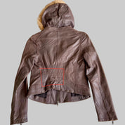 Fitted Brown Leather Jacket with Fur Hood (XS)